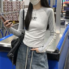 批发【原版40支棉罗纹】学生<b class='q'>运动</b>风插肩撞色杠条长袖<b class='q'>T</b><b class='q'>恤</b>
