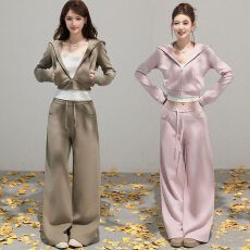 批发320g<b class='q'>纯棉</b>华棉内里同色原版面料原版做工短款连帽长袖长裤套装女秋