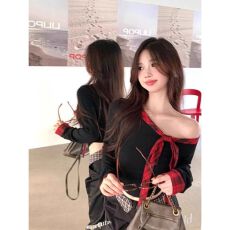 批发官图+原版做法斜肩内搭打底衫女秋冬新款拼色系带上衣