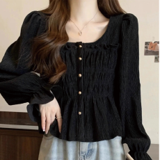 批发大码春装新款荷叶边<b class='q'>衬衫女</b>设计感胖mm上衣法式褶皱气质喇叭袖衬衣