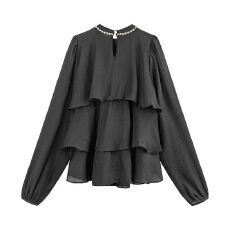 批发法式设计感镶钻荷叶边长袖<b class='q'>衬衫女</b>秋季高级感轻奢洋气衬衣