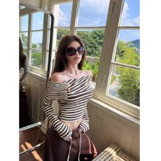 批发密根螺纹撞色条纹<b class='q'>一字肩</b>长袖T恤女早秋气质修身显瘦内搭上衣