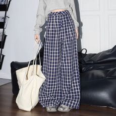 批发官图+原版质量慵懒松弛感蓝色格子阔腿高腰休闲裤