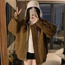 原版做法美式麂皮绒翻领外套女秋冬宽松时尚加厚棕色休闲夹克上衣