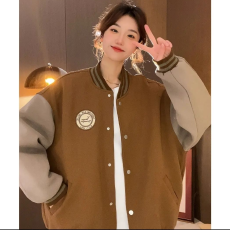批发新款撞色拼接美式复古棒球服加绒外套女时尚over size卫衣开衫