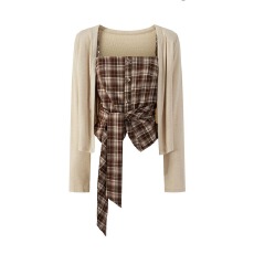 批发随心裁+格子布灰色开衫女秋季时尚减龄防晒<b class='q'>长袖</b>t恤上衣两件套