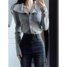 批发官图+原版质量翻领长袖<b class='q'>衬衫女</b>港味复古修身显瘦上衣