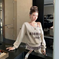 批发纯棉华棉原版面料原版做工撞色斜肩字母卫衣拼接休闲长裤<b class='q'>套装</b>女秋