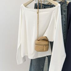 实拍纯棉设计感小众一字领露肩长袖T恤女春秋宽松韩版打底衫上衣