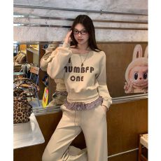 批发纯棉华棉原版面料原版做工字母斜肩宽松慵懒风卫衣长裤<b class='q'>套装</b>女秋