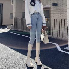 批发高腰牛仔裤女2025年秋冬新款蓝色铅笔显瘦九分<b class='q'>弹力</b>小脚裤子