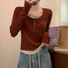 批发人棉黑色假两件长袖t恤女内搭打底衫修身显瘦辣妹短款<b class='q'>上衣</b>