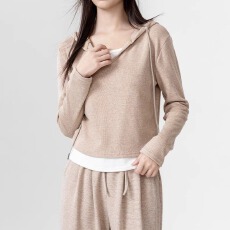 批发仿羊绒假两件长袖T恤女卫衣春秋2025新款外穿连帽短<b class='q'>上衣</b>