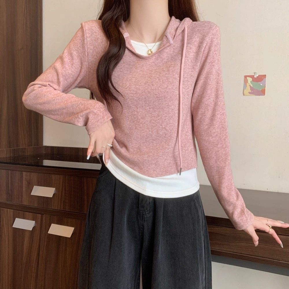 MY14562# 仿羊绒新款v领假两件连帽长袖T恤女修身内搭套头上衣小衫女...