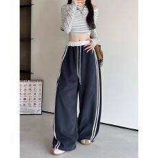 批发华棉复合】藏青色美式<b class='q'>阔腿裤</b>女高腰垂感宽松运动跳舞休闲<b class='q'>条纹</b>卫<b class='q'>裤</b>