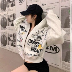 批发美式复古拉链开衫连帽卫衣男女2025秋冬情侣加绒帽衫<b class='q'>外套</b>潮