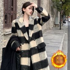 批发韩版气质韩系高级设计感毛呢外套夹棉格子<b class='q'>中长款</b>呢大衣女秋冬新款