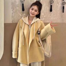 批发韩版千金穿搭高级感超好看小个子黄色毛呢外套韩系双面呢大衣气质
