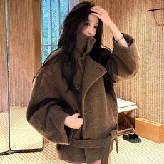 批发秋冬新款慵懒风纯色纽扣立领毛呢外套女气质百搭休闲显瘦百搭大衣