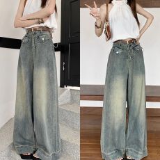 批发港风复古<b class='q'>高腰</b>阔腿牛仔裤女秋季宽松纽扣袋盖拖地长裤水洗直筒裤子