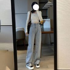 批发浅色<b class='q'>高腰</b>阔腿牛仔裤女春秋新款百搭宽松遮肉显瘦小个子拖地直筒裤