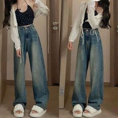 批发复古蓝做旧春秋直筒牛仔裤女秋季新款<b class='q'>高腰</b>宽松显瘦百搭<b class='q'>阔腿裤</b>子潮