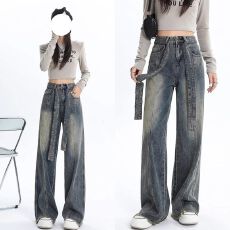 批发美式复古黄泥色阔腿牛仔裤女秋季新款高街vibe风<b class='q'>高腰</b>宽松显瘦