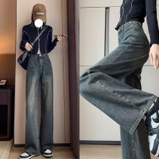 批发美式复古水泥灰窄版直筒牛仔裤女春秋新款<b class='q'>高腰</b>宽松显瘦百搭<b class='q'>阔腿裤</b>