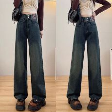 批发水泥灰阔腿牛仔裤子女春秋新款设计感<b class='q'>高腰</b>宽松遮肉显瘦百搭直筒裤