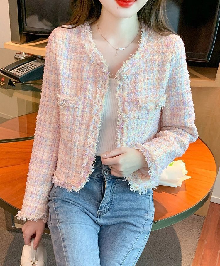 MY14679# 新款高档小香风外套 碎边五彩粉 宽松百搭外贸爆款女裝貨源...