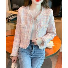 批发2025新款高档小香风<b class='q'>外套</b> 碎边五彩粉 宽松百搭<b class='q'>外贸</b>爆款