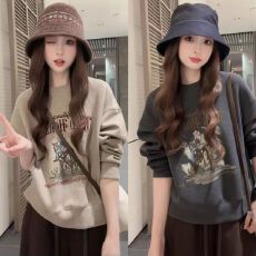 批发欧货时尚复古字母印花无帽圆领<b class='q'>卫衣</b>女冬季慵懒风宽松百搭长袖上衣