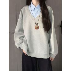 批发【纯棉华棉刷毛】韩系灰色polo衫翻领正肩<b class='q'>卫衣</b>女长袖上衣