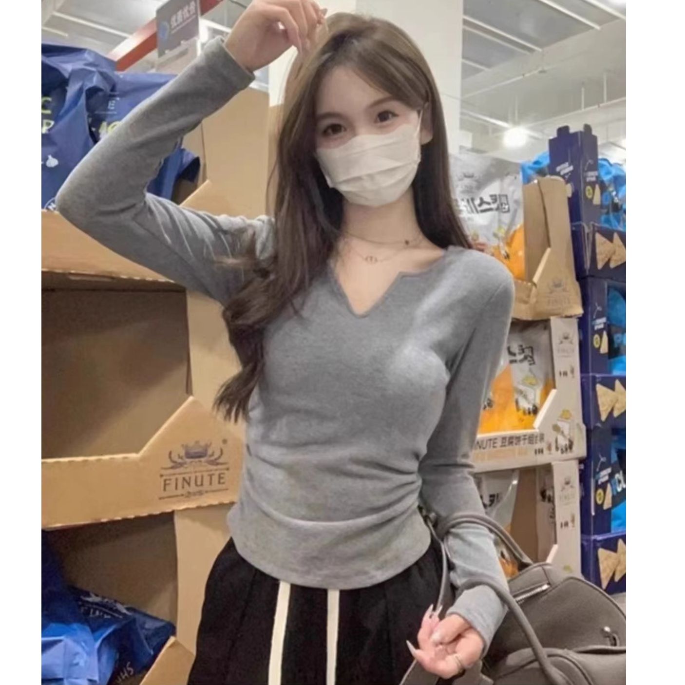 MY14680# 高弹罗纹德绒 带胸垫 辣妹V领上衣女收腰显瘦T恤内搭女裝貨源服裝批發