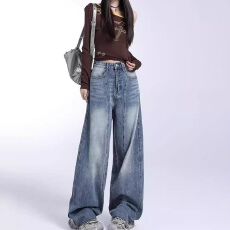批发甜酷慵懒风阔腿牛仔裤女春<b class='q'>秋</b>季新款高腰显瘦设计感宽松拖地牛仔裤