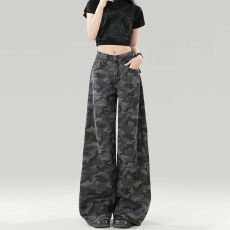 批发潮流高街迷彩阔腿牛仔裤女春<b class='q'>秋</b>季新款垂感显瘦时尚宽松拖地牛仔裤