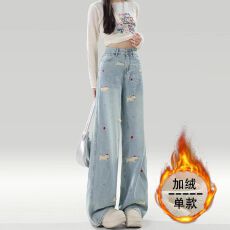 通勤小众卡通小狗刺绣牛仔裤女秋冬季新款加绒加厚腊肠狗牛仔裤潮