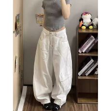 批发潮流通勤小众中性弯刀牛仔裤女款春<b class='q'>秋</b>新款宽松气质阔腿拖地牛仔裤