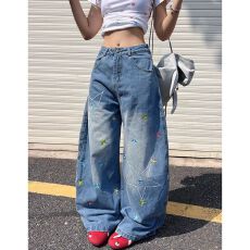 批发通勤潮流星星刺绣阔腿牛仔裤女春<b class='q'>秋</b>新款宽松百搭学院风拖地牛仔裤