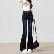 批发辣妹复古个性韩版微喇牛仔裤女春<b class='q'>秋</b>装配带腰带设计感喇叭牛仔裤潮