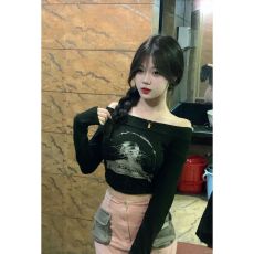 批发官图【+原版质量】一字领性感短款黑色T恤长袖辣妹上衣