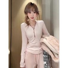 德绒1*1 2025年秋冬新款百搭美式复古v领纽扣长袖t恤女秋冬新款