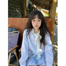 批发韩系甜美学院风条纹拼接<b class='q'>长袖</b><b class='q'>衬衫</b>连衣裙女秋季收腰显瘦A字短裙子