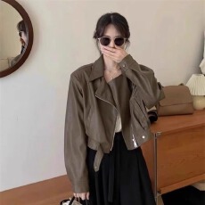 批发短款皮衣外套女春秋时尚显瘦皮衣气质翻领小个子PU皮显瘦百搭夹克