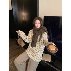 批发官图【+原版质量】条纹长袖衫女宽松<b class='q'>休闲</b>慵懒圆领上衣