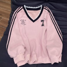 批发华棉复合真超）2025年秋冬新款印花<b class='q'>V领</b>长袖卫衣女秋蕾丝拼接上衣