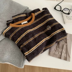 批发原版面料2025年秋冬特<b class='q'>大码</b>300斤条纹刺绣加厚磨毛T恤<b class='q'>女</b>保暖打底衫