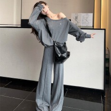 批发松弛感露肩套头长袖卫衣宽松纯色百搭休闲长裤女秋冬新款<b class='q'>时尚</b>套装