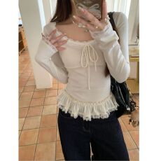 批发羊毛绒】芭蕾风韩系长袖t恤女秋冬掐腰显瘦蕾丝拼接内搭打底衫