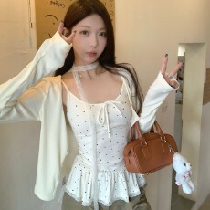 批发原版品质】甜美风长袖开衫外套女秋季内搭波点蕾丝边吊带两件套